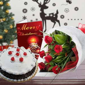 Red Roses with Christmas Black Forest Cake